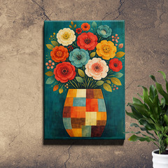 Colorful Floral Still Life Patchwork Vase Framed Wall Art 12x18inch