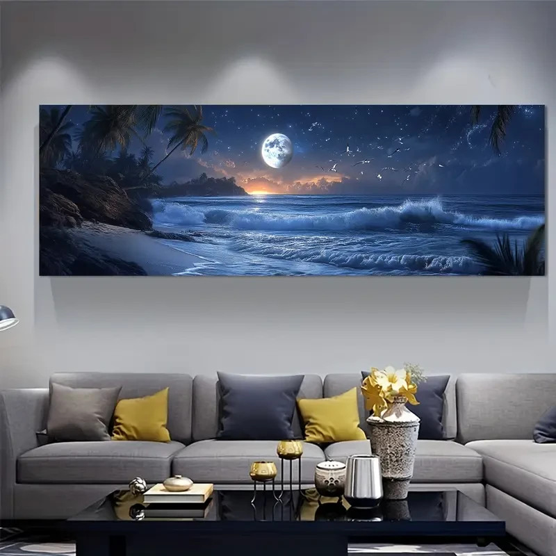 Panoramic Stars And Full Moon Ocean Painting Canvas Wall Art Home Décor Picture