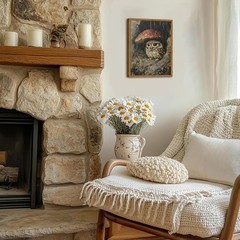Framed Vintage Owl Canvas Wall Art, Cute Bird Mushroom Pictures Wall Decor, C…