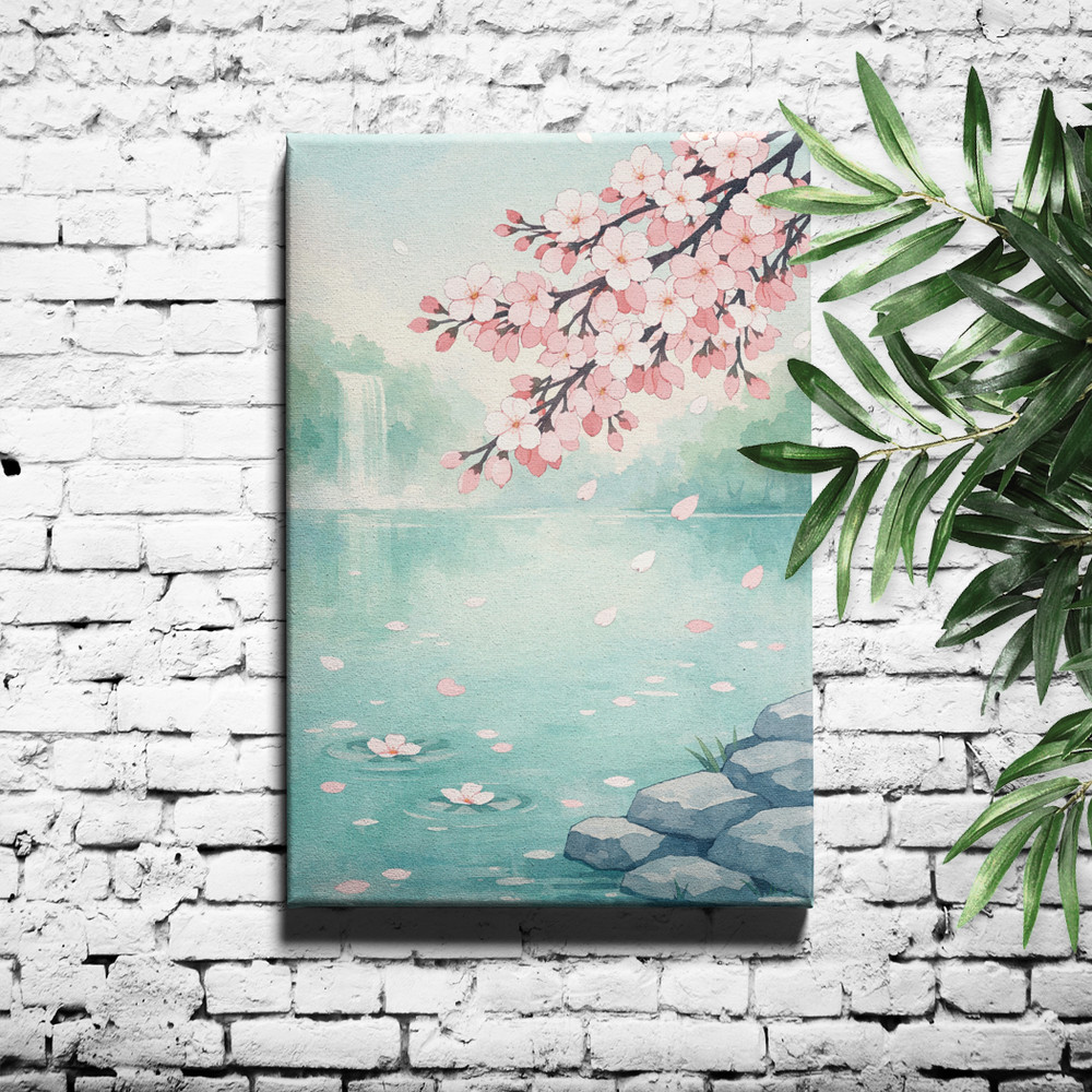 Cascading Pink Sakura Lakeside Landscape Framed Canvas Wall Art 12x18inch