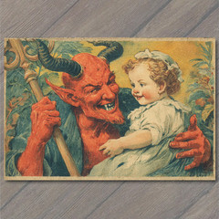 Art Print Devil Holding Baby Retro Illustration Whimsical Dark Humor Red Demon M