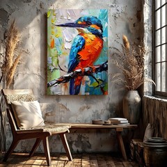 Wall Art Colorful Kingfisher Bird Canvas Painting Textured Palette Knife Decor