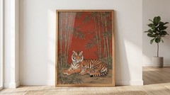 Japanese Tiger and Cub Poster Vintage Asian Art Print Bamboo Forest Wall Decor