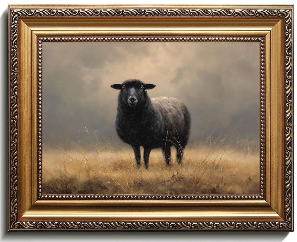 Vintage Gold Framed Wall Art, Black Sheep Canvas Oil Painting, Neutral Farmho…