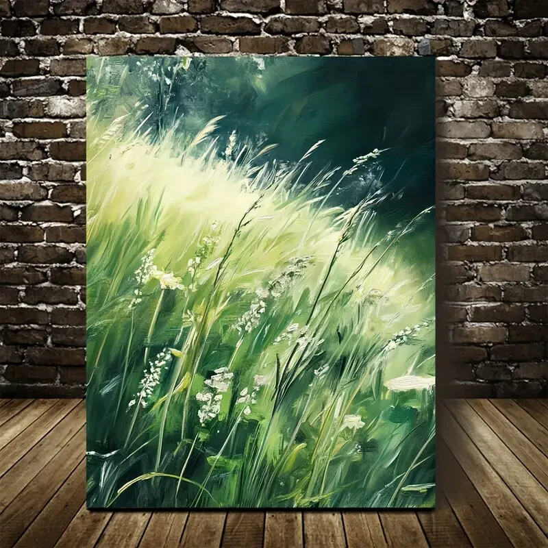 Green Mint Grass Meadow Painting Metal Print Ready to Hang