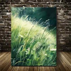 Green Mint Grass Meadow Painting Metal Print Ready to Hang