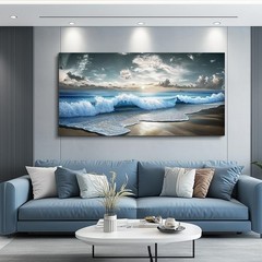Blue Ocean Canvas Wall Art Waves Poster Canvas Painting Print,DIY Framed 24″x48″