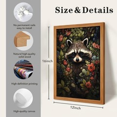 LIANGKESU Natural Wood Frame Raccoon Wall Art Vintage Floral Woodland Animal …