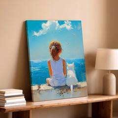 Wall Art Girl and White Cat Ocean View Canvas Print Coastal Blue Sky Painting