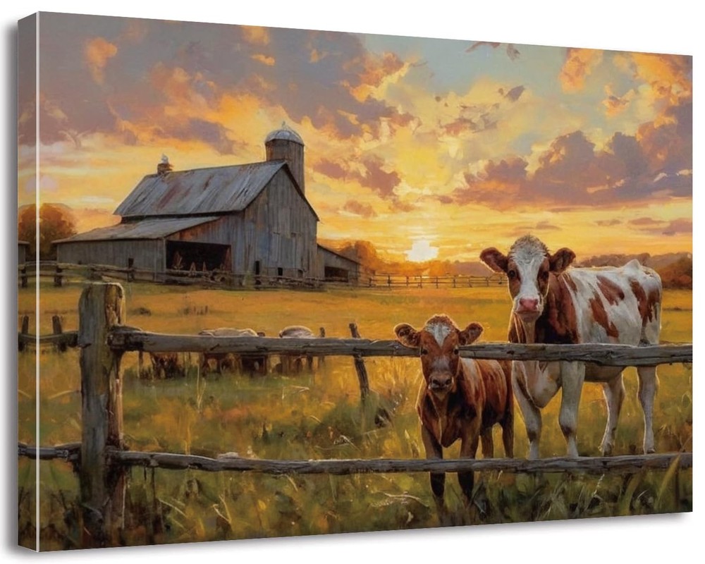 Rustic Farm Landscape Wall Art, Barn Cows Sunset Scene Canvas Print, Vintage …