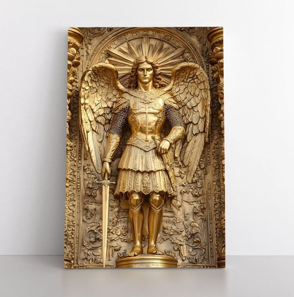 Archangel Michael Gold Angel Statue Wall Art Print on Framed Canvas