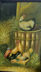 Vtg Rooster Chickens Farm Life Oil Painting on Canvas Frame 30X20.5″ Art 25X16″