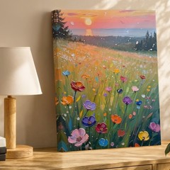 Colorful Wildflowers Field Landscape Sunset Canvas Wall Art Nature Print Home