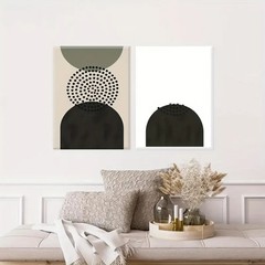 2pcs Black & Olive Green Muted Tones With Beige Circles Wall Art Canvas Unframed