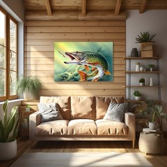 Northern Pike Fishing Painting Print on Framed Canvas Wall Art Fisherman Gift