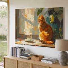 Sunlit Tabby & Tea Canvascozy Cat Scene In Warm Painterly Style Wall Art