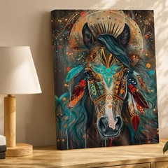 Bohemian Horse Canvas Wall Art Native American Tribal Feathers Animal Print