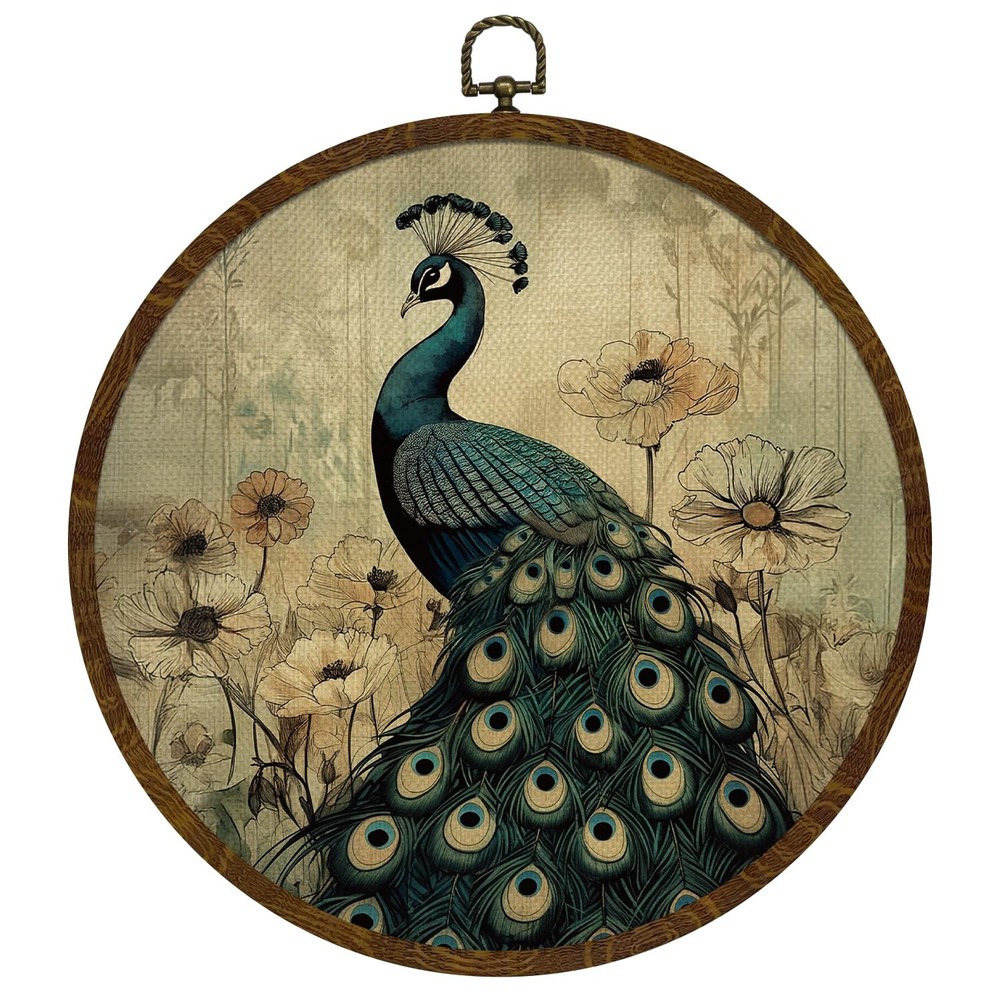 Vintage Peacock Round Wall Art,Canvas Prints with floral Design, Rustic Bird …