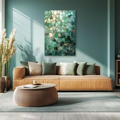 Emerald Green Mosaic Abstract Painting Print on Framed Canvas Wall Art Geometric