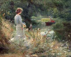 Victorian Woman by Stream Landscape Oil Painting Canvas Art Reproduction
