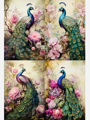 Peacocks on Decoupage Rice Paper Set of 4 Each 8×10” for Home Decor #KP2A