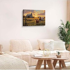 Rustic Farm Landscape Wall Art, Barn Cows Sunset Scene Canvas Print, Vintage …