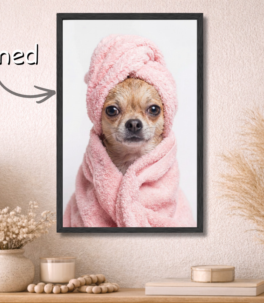 Funny Chihuahua Wall Art Framed 11×17, Dog in Pink Towel Poster, Pet Lover Gift