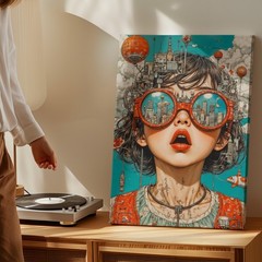 Surreal Urban Cityscape Glasses Girl Canvas Wall Art Modern Fantasy Print Home