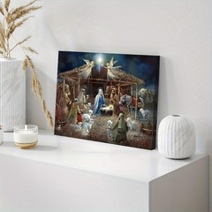 Holy Night Jesus Birth Nativity Scene Canvas Wall Art, Christian Christmas Decor
