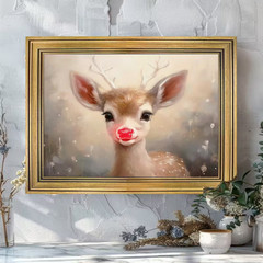Vintage Golden Frameless Canvas Painting: Adorable Reindeer with Red Nose