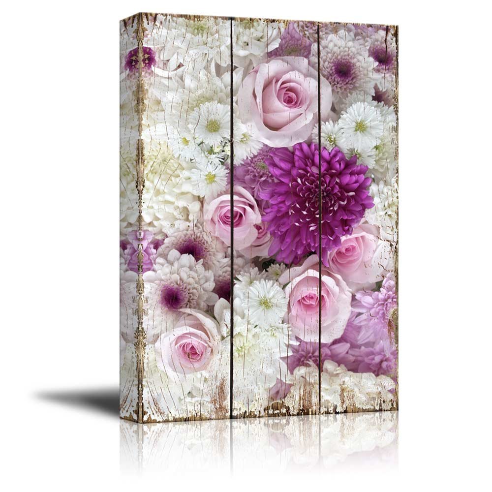 Field with Daisies, Pink Roses, and Purple Flowers – Canvas Art – 12×18 inches