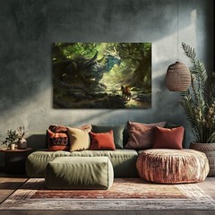 Green Dragon & Knight Painting Print on Canvas | Fantasy Storybook Bedroom Art