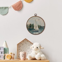 Vintage Sailboat Nautical Wall Art Decor Round Framed, Coastal Beachy Boat Ca…