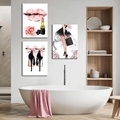 3Pcs Framed Fashion Women Canvas Wall Art, Pink Girly Wood Wall Decor, Femini…
