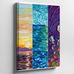 Vibrant, Abstract Landscape Collage Featuring A Series Of Vertical Wall Art