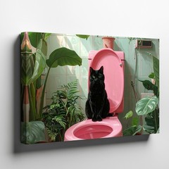 Wall Art Canvas a Black Cat Sitting on a Bright Pink Toilet Surrounded by
