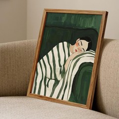 Framed Woman Lying on Couch Wall Art Emerald Green Modern Abstract People Pos…