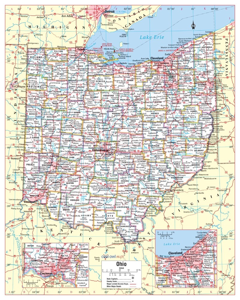 Ohio State Wall Map Large Print Poster – 24″Wx30″H