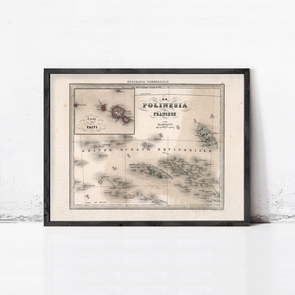 Old Map French Polynesia Vintage Map 1858 Wall Map Print Framed