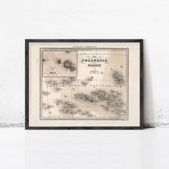 Old Map French Polynesia Vintage Map 1858 Wall Map Print Framed