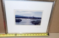 Vintage Framed Landscape Photograph Lake View w/ Mountains Signed 12×15