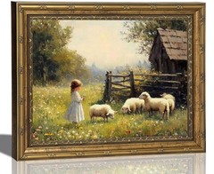 Gold Framed Vintage Countryside Canvas Wall Art, Rustic Girl with Sheep Paint…