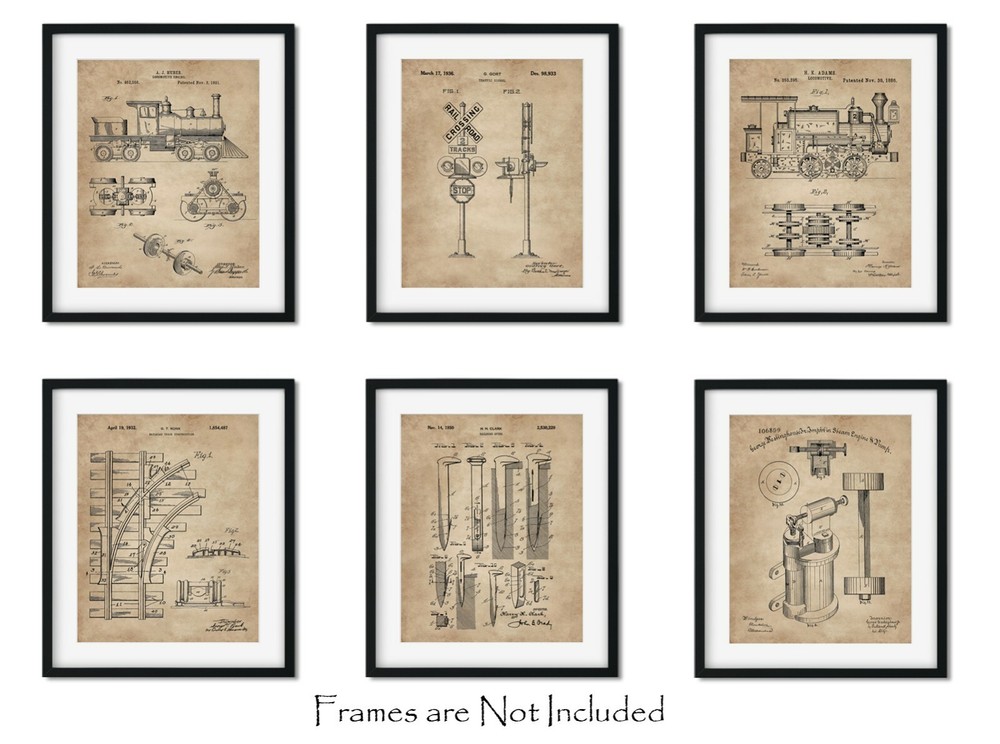 Railroad Train Patent Print Set 6 Vintage Art Prints 8×10 in. Locomotive Railway