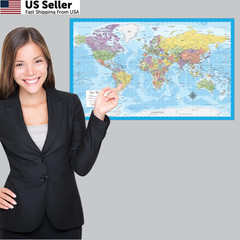 2 Pack – Laminated World Map & US Poster Set – Wall 18″ x 29″, Light Blue