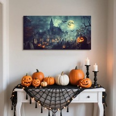 Halloween Haunted Castle Canvas Wall Art – Spooky Pumpkin Cemetery Home Decor
