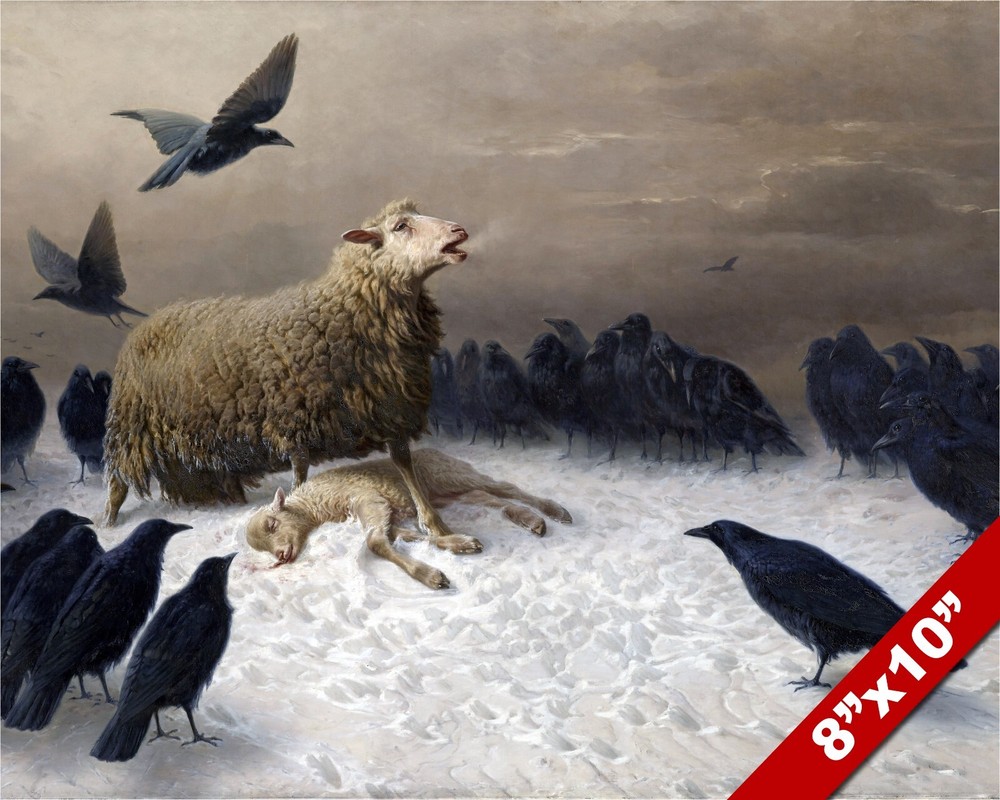 EWE IN ANGUISH LAMENTING DEATH OF BABY SHEEP LAMB PAINTING ART REAL CANVAS PRINT