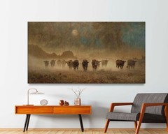 Vintage Style Cattle Herd Canvas Wall Art, Large Rustic Western Art, Cow Print