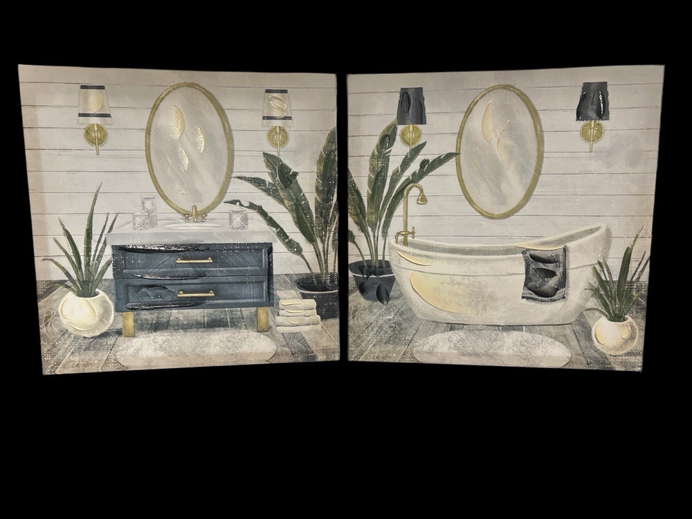 Wrapped Canvas Wall Art Old World Bathroom Theme Decor 12” Black Gold Cream New