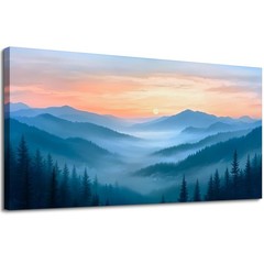 selatala Sunset Misty Forest Large Wall Art for Living Room 24″X48″, Blue Nat…