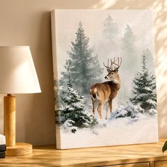 Wall Art Deer in Snowy Pine Forest Winter Wildlife Watercolor Print Home Decor